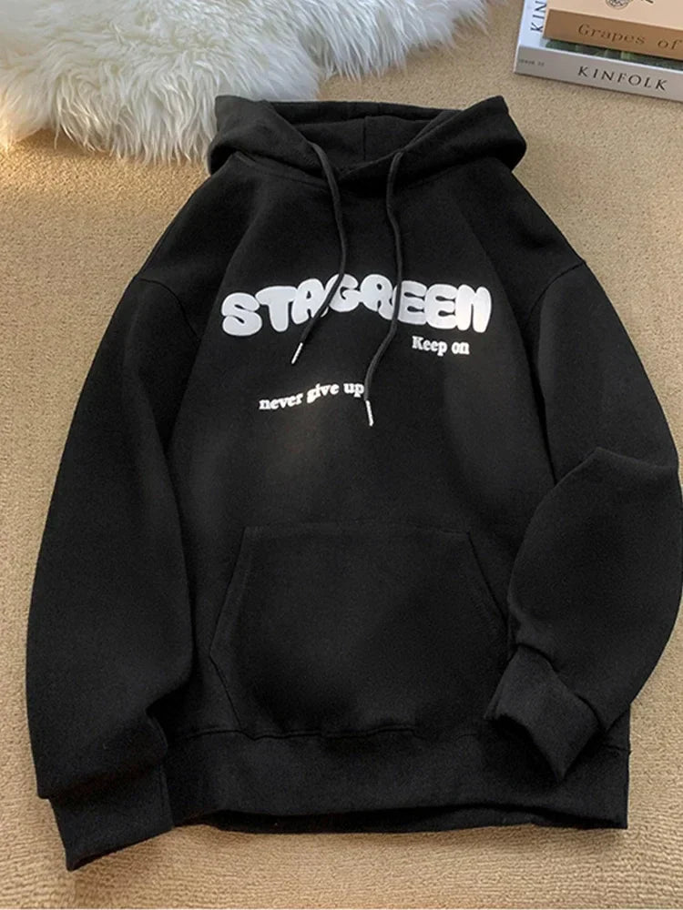 Letter Print Autumn Y2K Pocket Hoodie