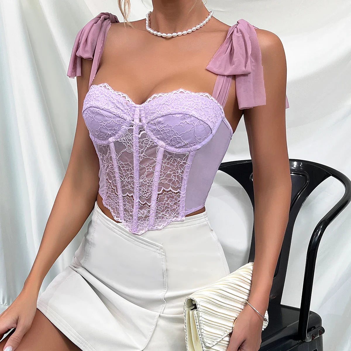 Purple Lace Bow Shoulder Strap Fishbone Crop Top