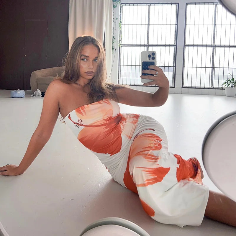 Slim-fit Floral Print Tubeless Casual Beach Floral Dress