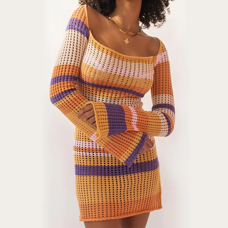 Striped Crochet Knit Off-Shoulder Long Sleeve Mini Dress 3