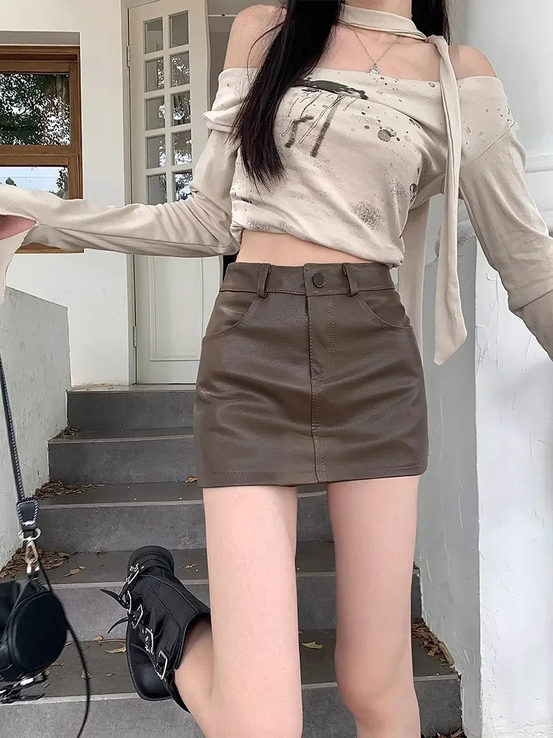 2024 New High -Waisted Brown A-Line PU Leather Belted Mini Skirt