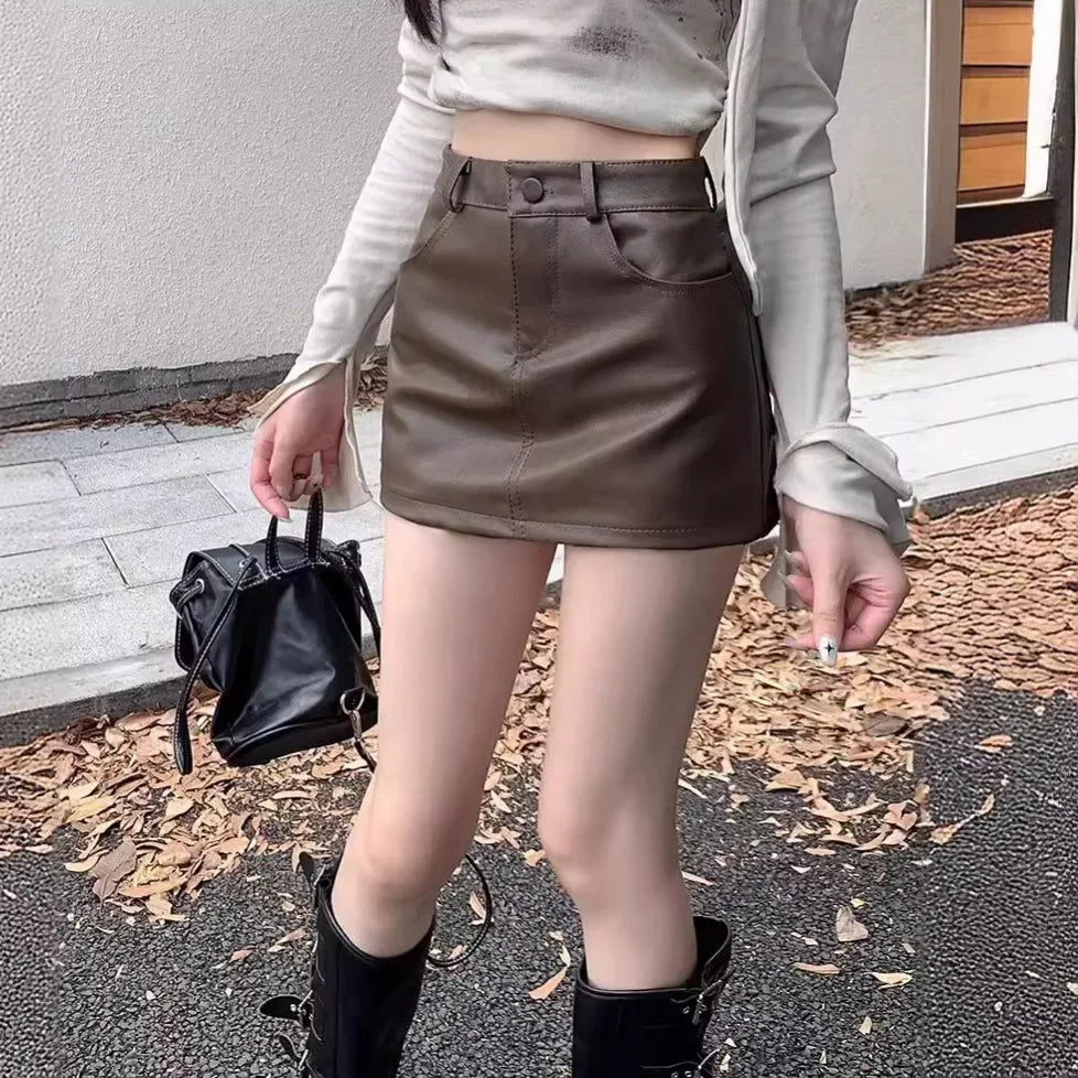 2024 New High -Waisted Brown A-Line PU Leather Belted Mini Skirt