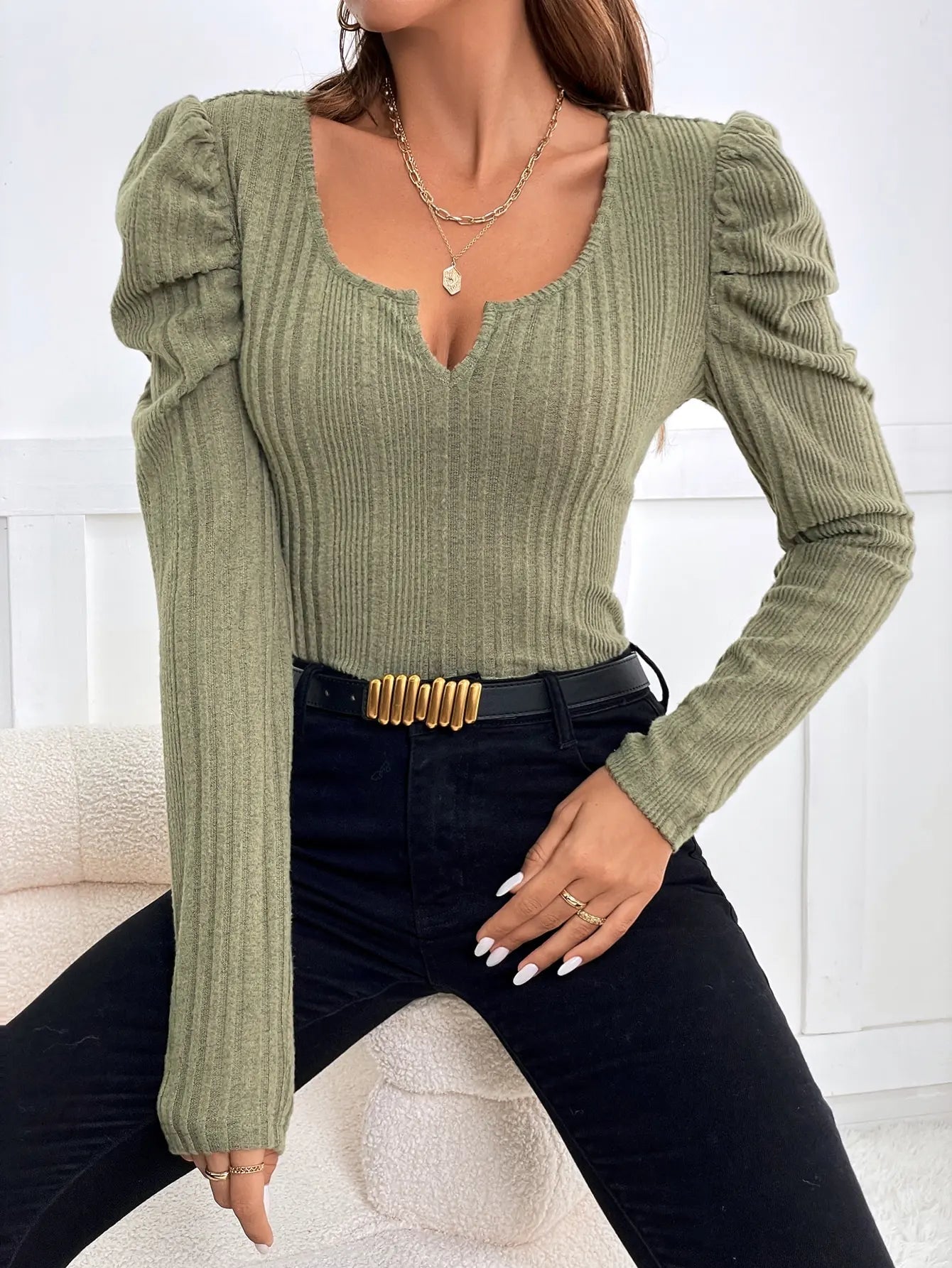 Solid Color Semi-Open Neck Autumn Slim Knit Top - Fashionpara
