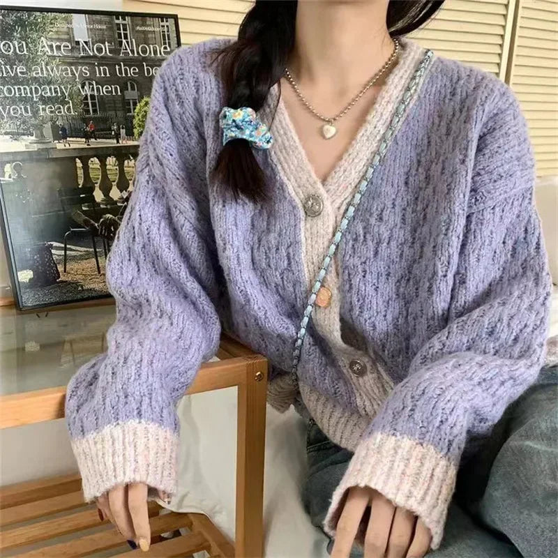 Purple Patchwork Loose Soft V-Neck Knitted Cardigan