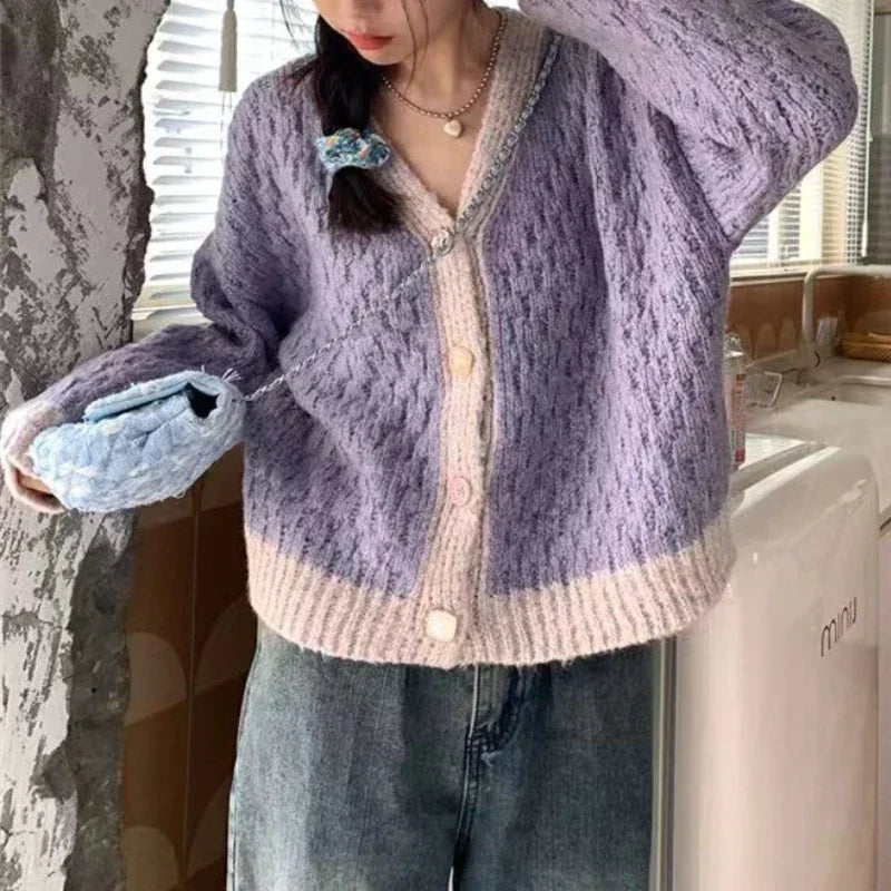 Purple Patchwork Loose Soft V-Neck Knitted Cardigan