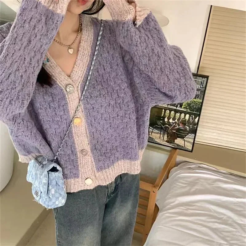 Purple Patchwork Loose Soft V-Neck Knitted Cardigan Purple / One Size cardiagn-250126