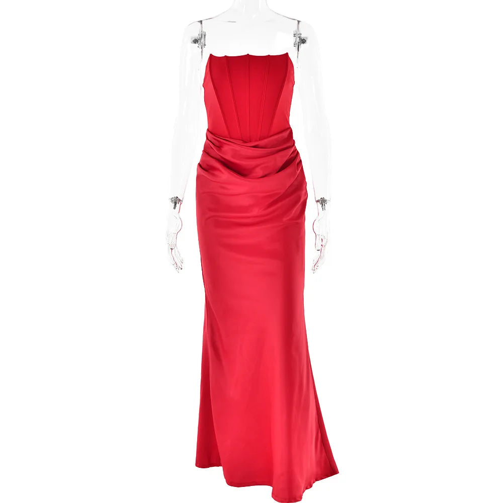 Red Christmas Party Dress - Elegant Corset Strap Neck Backless Maxi - Fashionpara