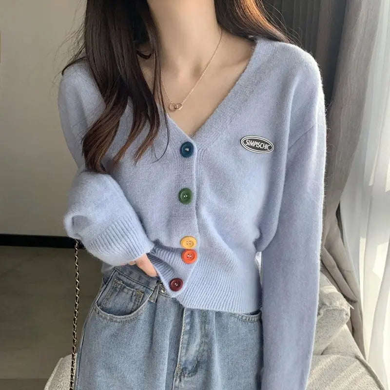 Colorful V-Neck Loose Long Sleeve Casual Knit Cardigan