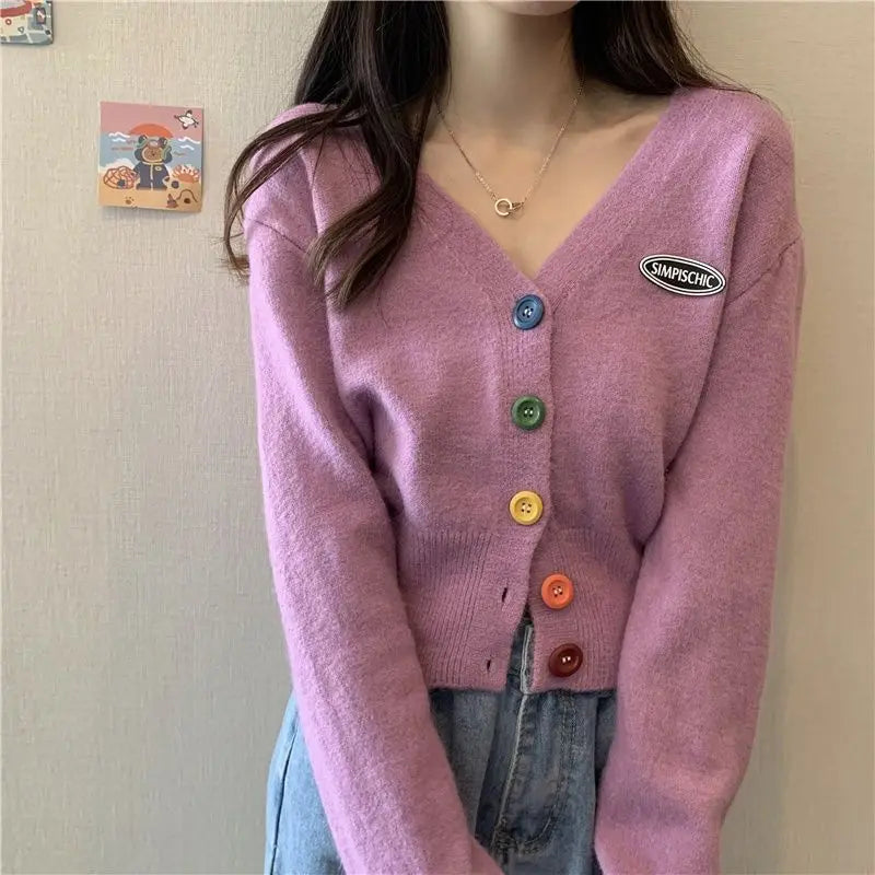 Colorful V-Neck Loose Long Sleeve Casual Knit Cardigan