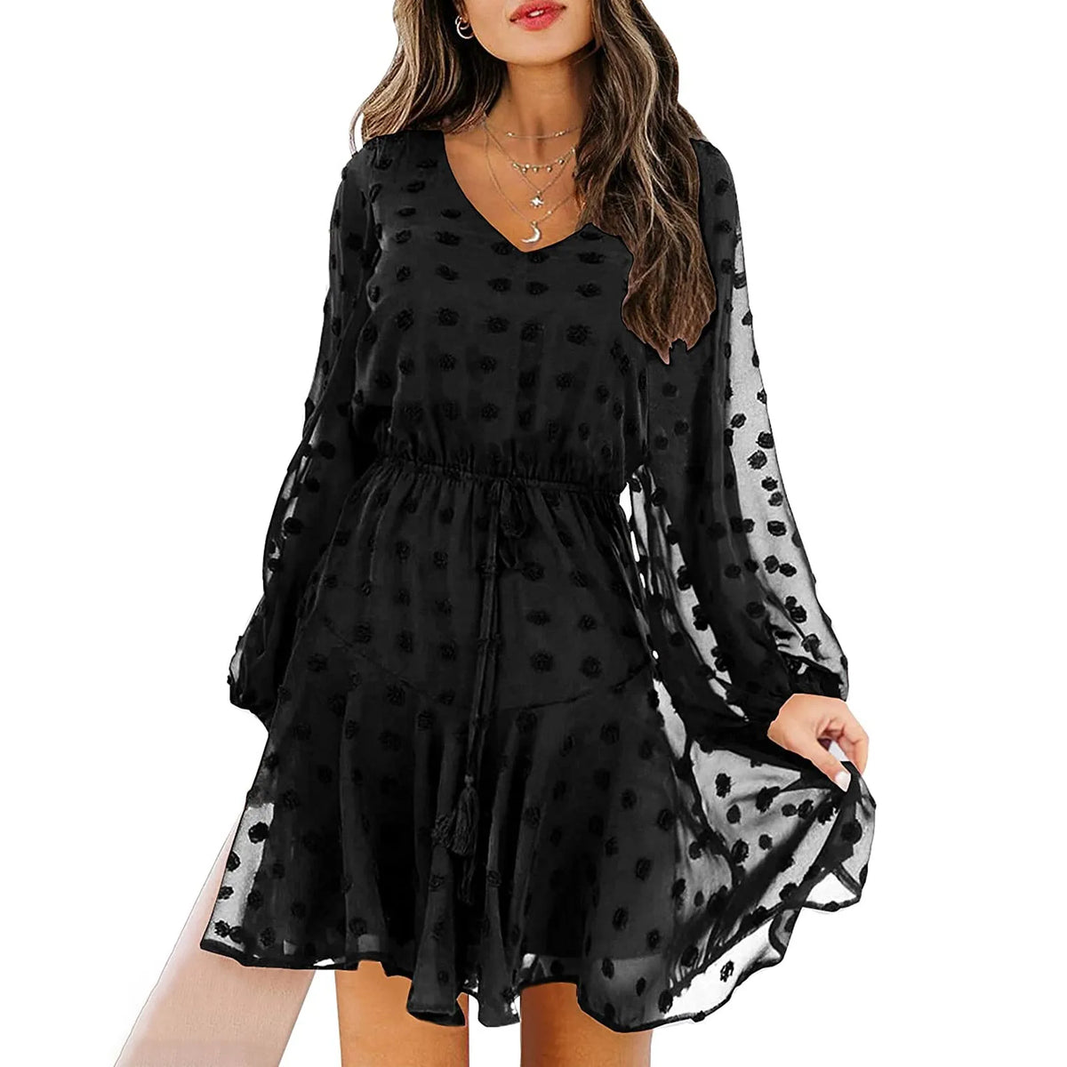 Swiss Dot Chiffon V-Neck Long Sleeve Tiered Mini Dress