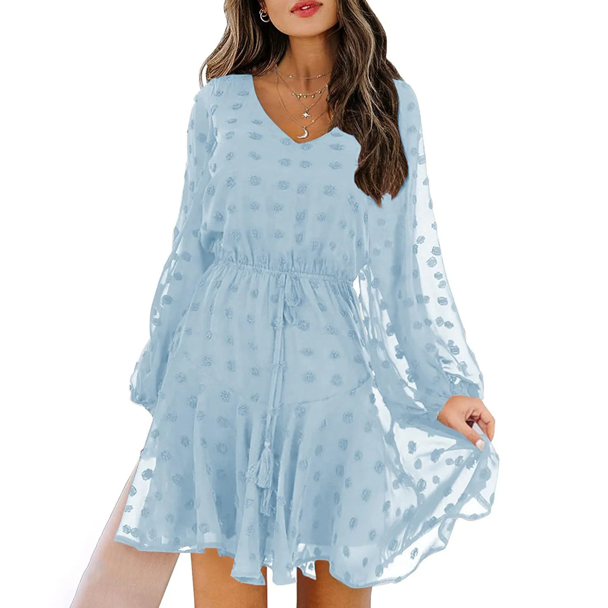 Swiss Dot Chiffon V-Neck Long Sleeve Tiered Mini Dress 8