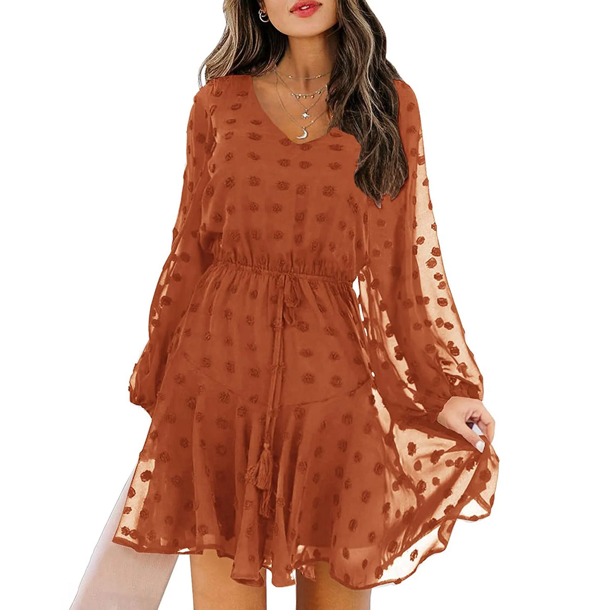 Swiss Dot Chiffon V-Neck Long Sleeve Tiered Mini Dress 9