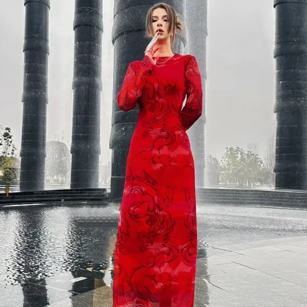 Limited Printed Screen Dress Style Year Loong Party Dress