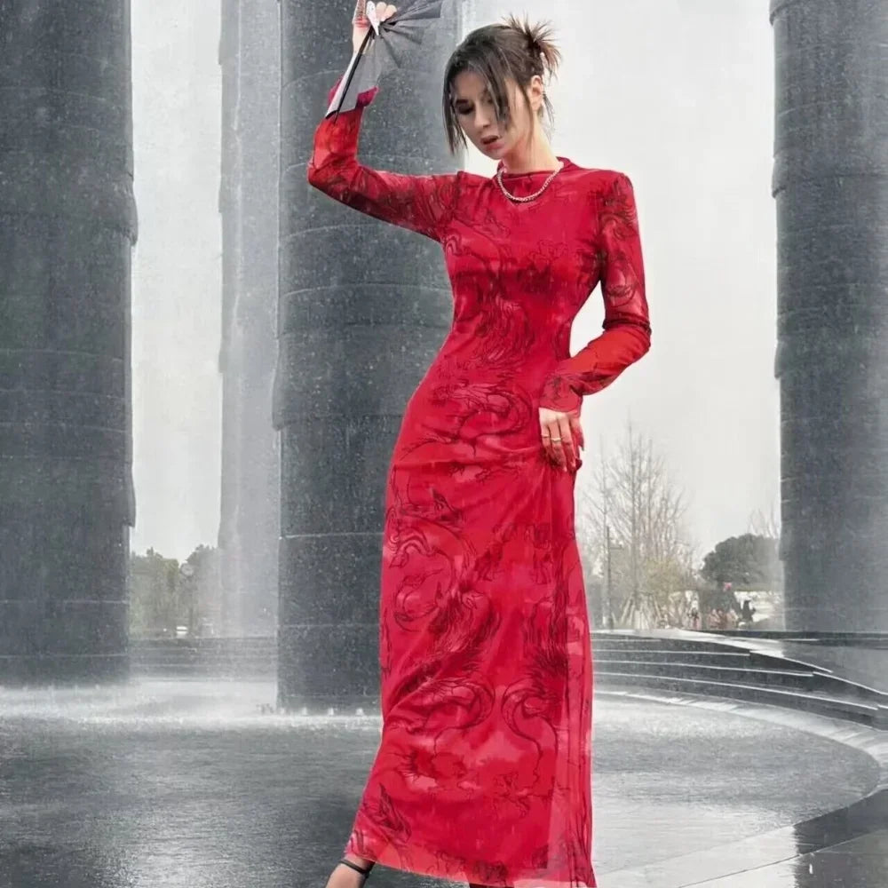 Printed High Neck Long Sleeve Bodycon Maxi Dress