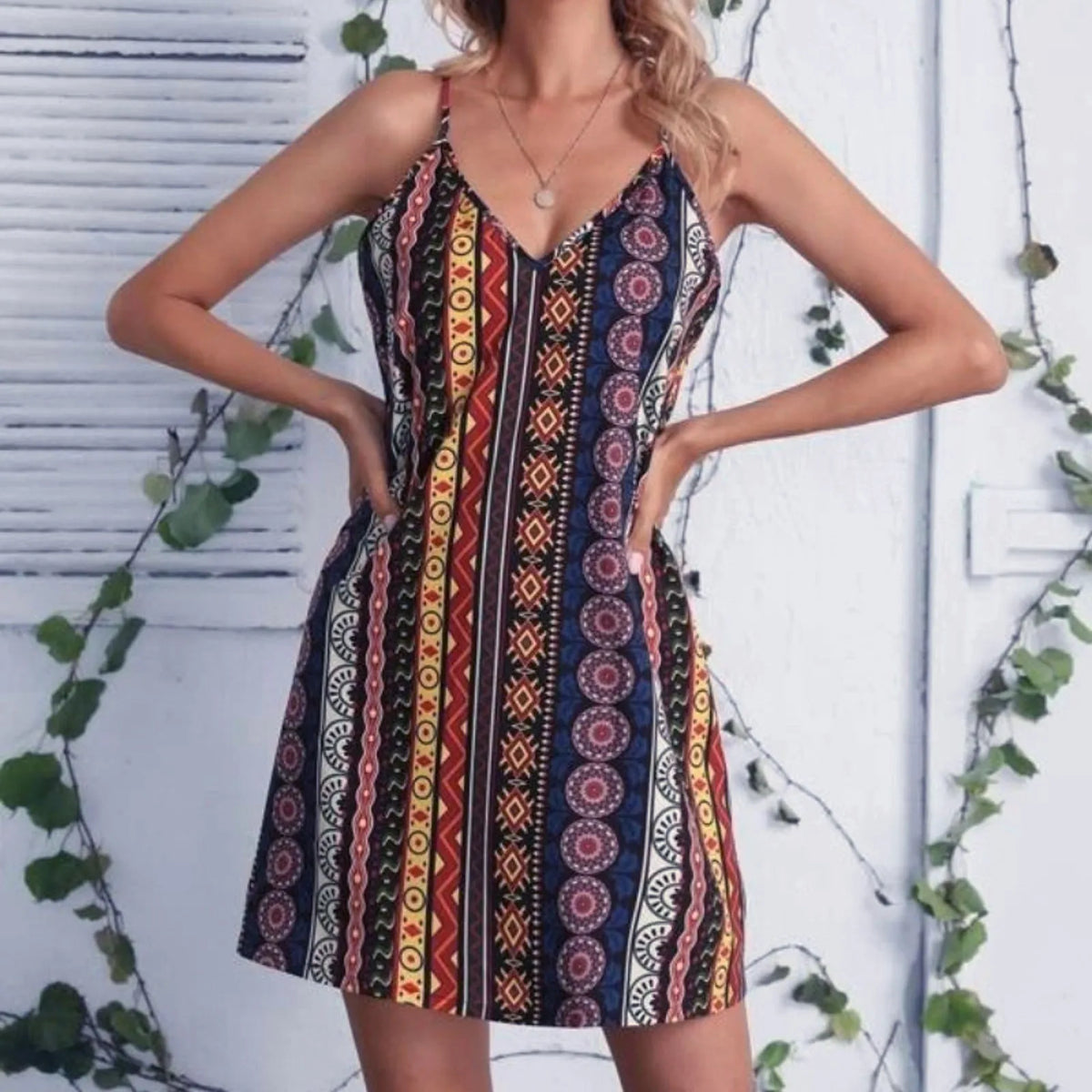 Boho Stripe Print V-Neck Spaghetti-Strap Mini Dress