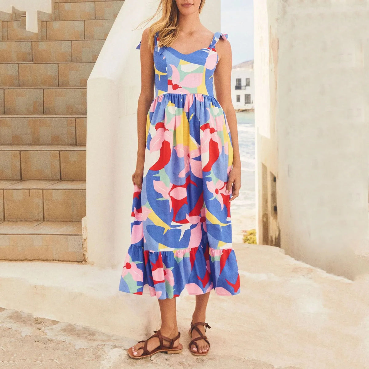 Abstract Print Sweetheart Tie-Strap Tiered A-Line Midi Dress