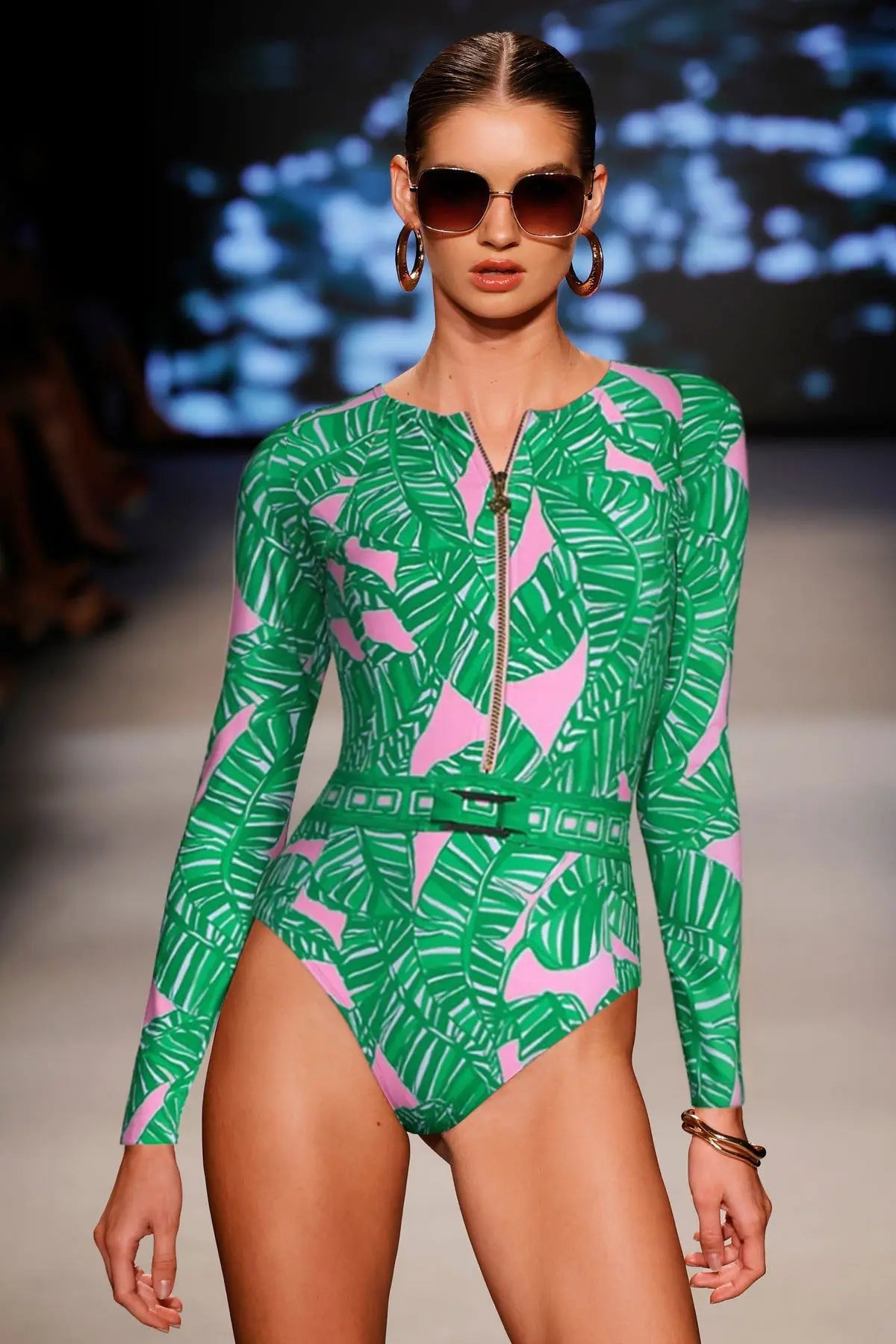 Long Sleeve Zip Blue One Piece Swimsuit