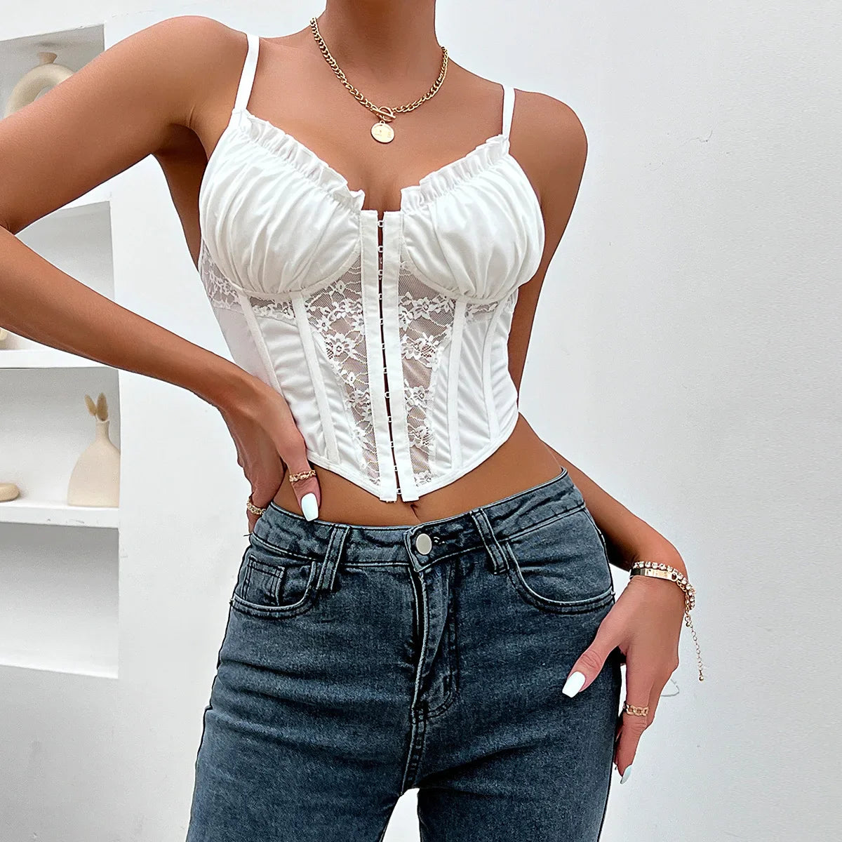 Trendy Mesh Fishbone Lace Pleated Sexy Crop Top