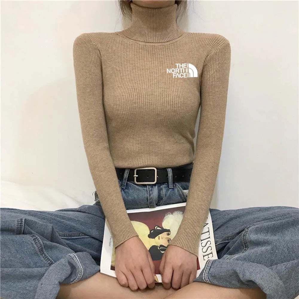 Thick Ribbed Cotton Turtleneck Pullover Sweater Top