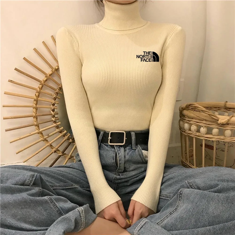 Thick Ribbed Cotton Turtleneck Pullover Sweater Top