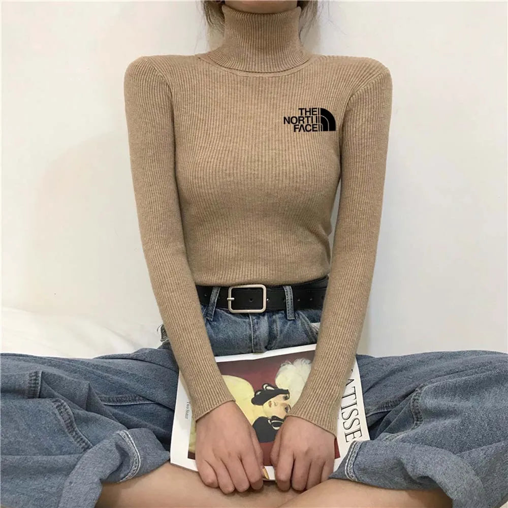 Thick Ribbed Cotton Turtleneck Pullover Sweater Top