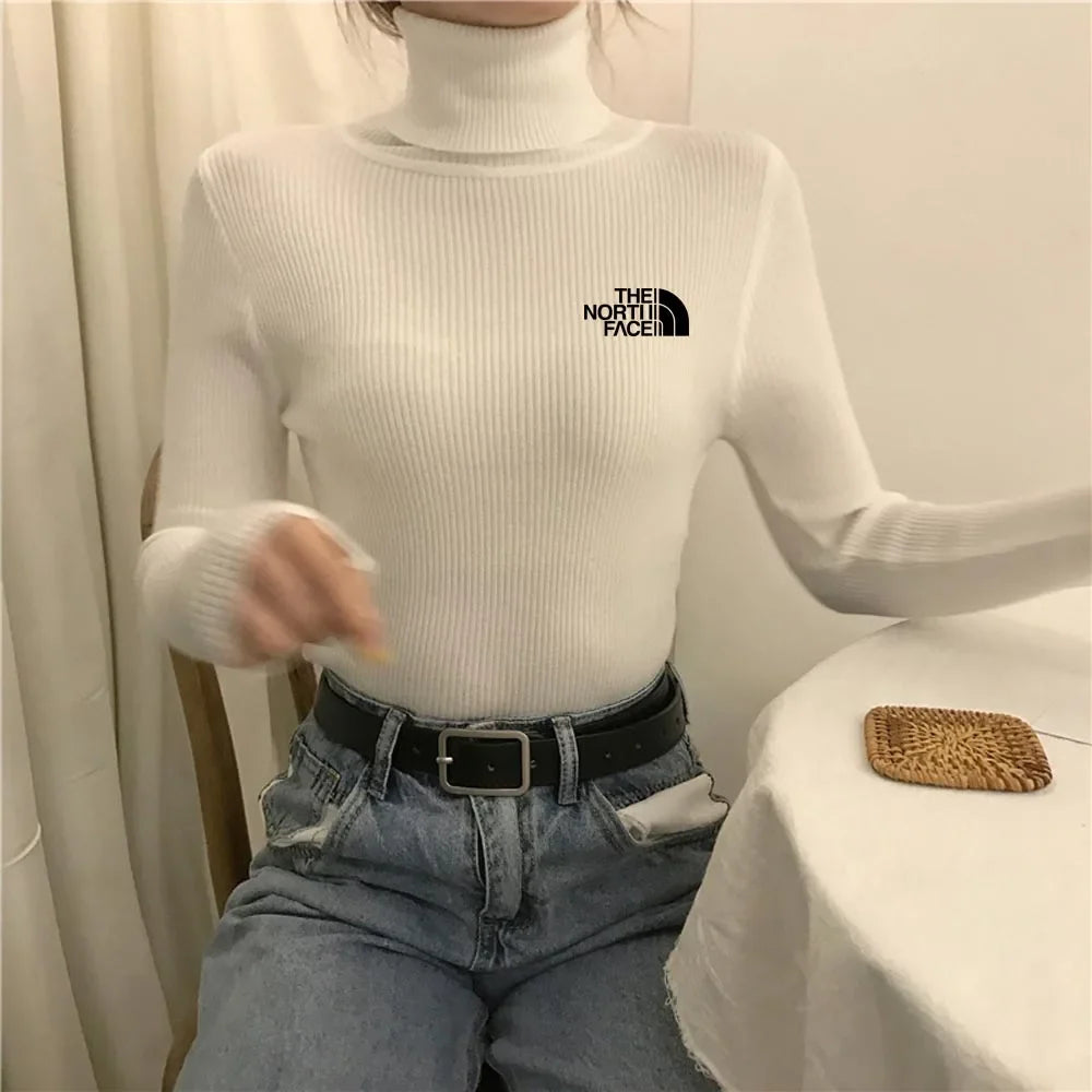 Thick Ribbed Cotton Turtleneck Pullover Sweater Top