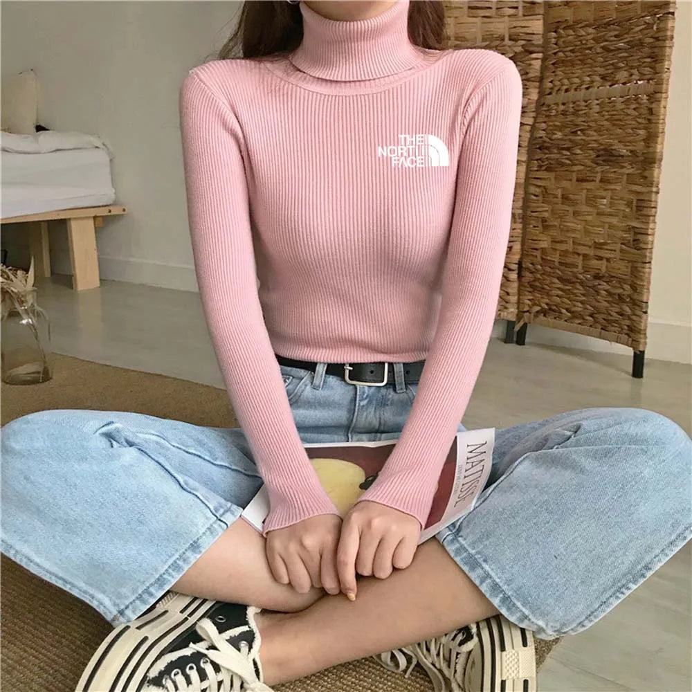 Thick Ribbed Cotton Turtleneck Pullover Sweater Top