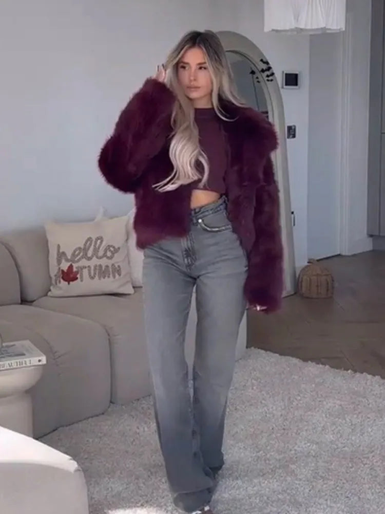 Burgundy Fluffy Turn-down Collar Coat