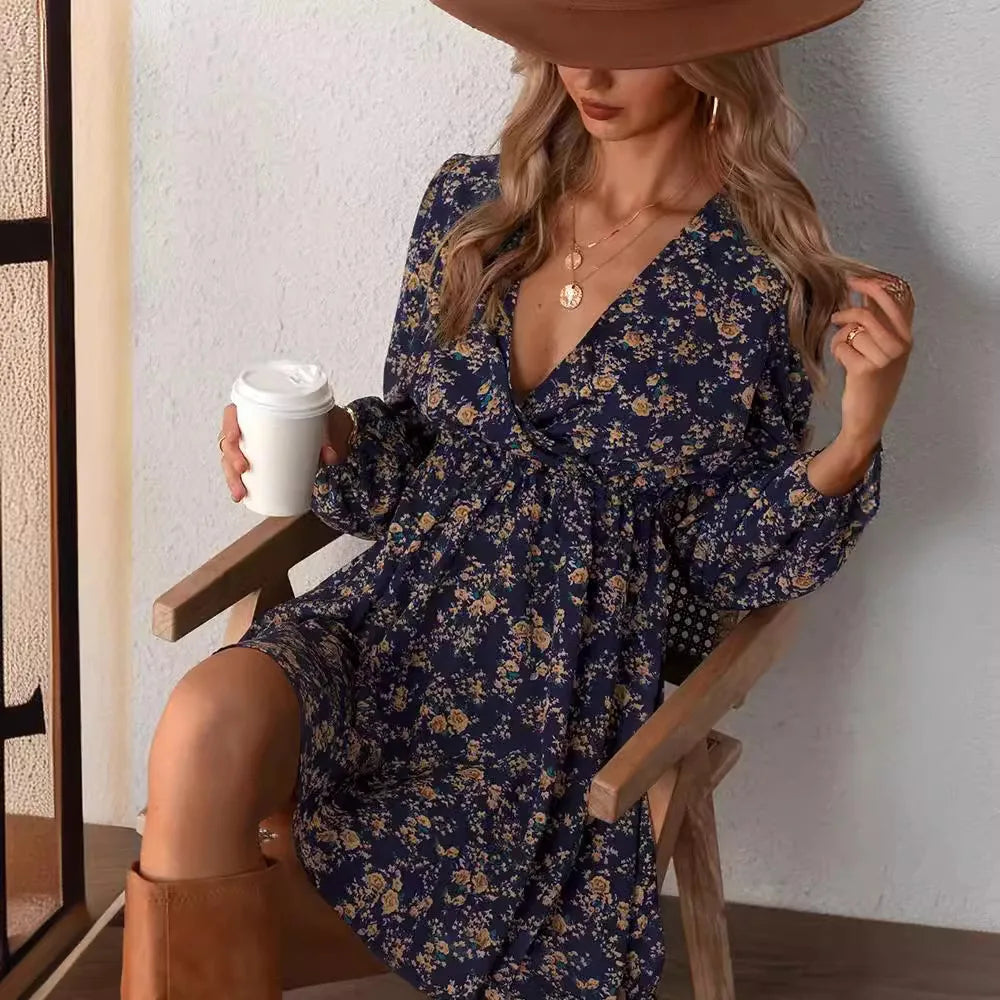 Elegant V-Neck Floral Mini Chiffon Dress