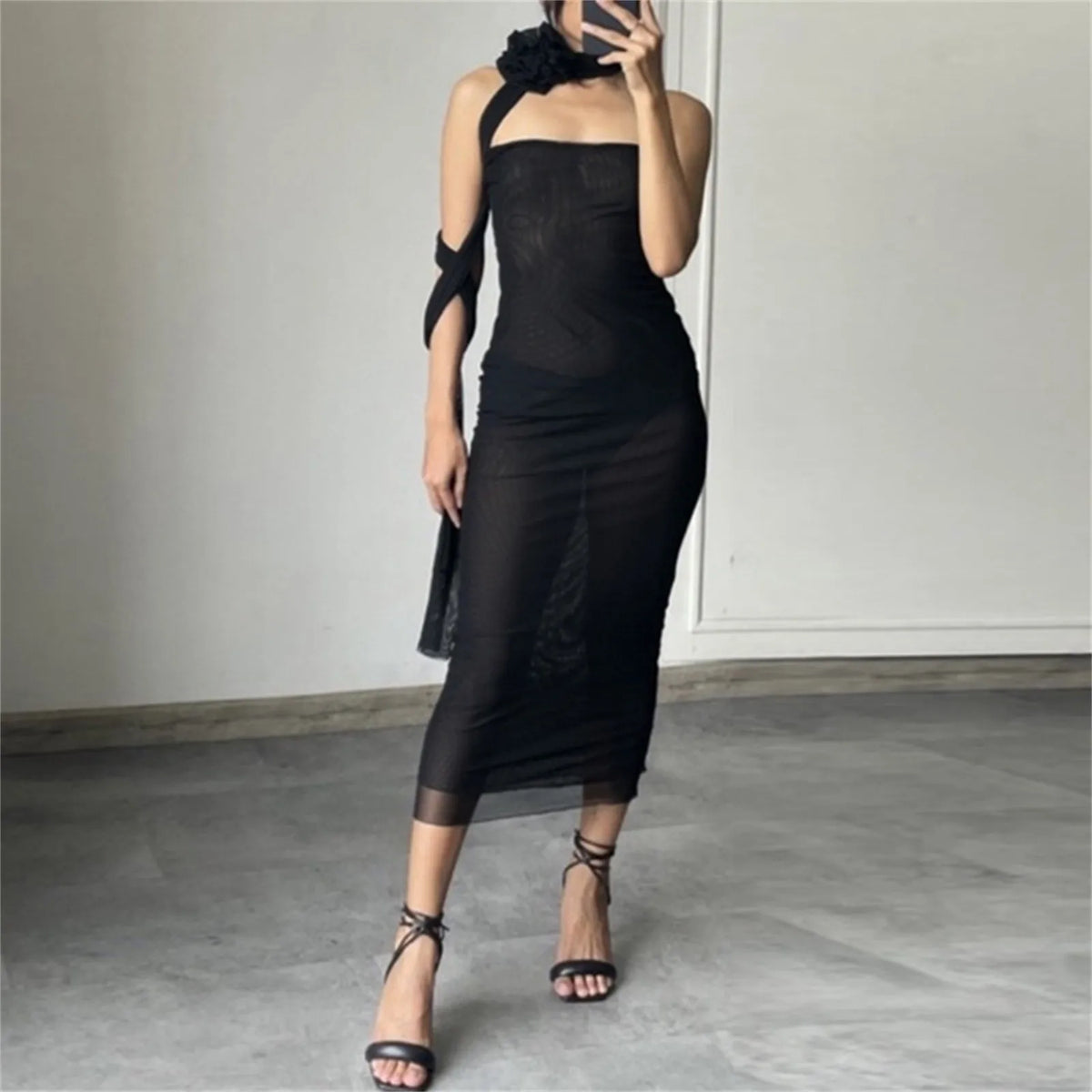 Sheer Mesh Strapless Floral Appliqué Bodycon Midi Dress