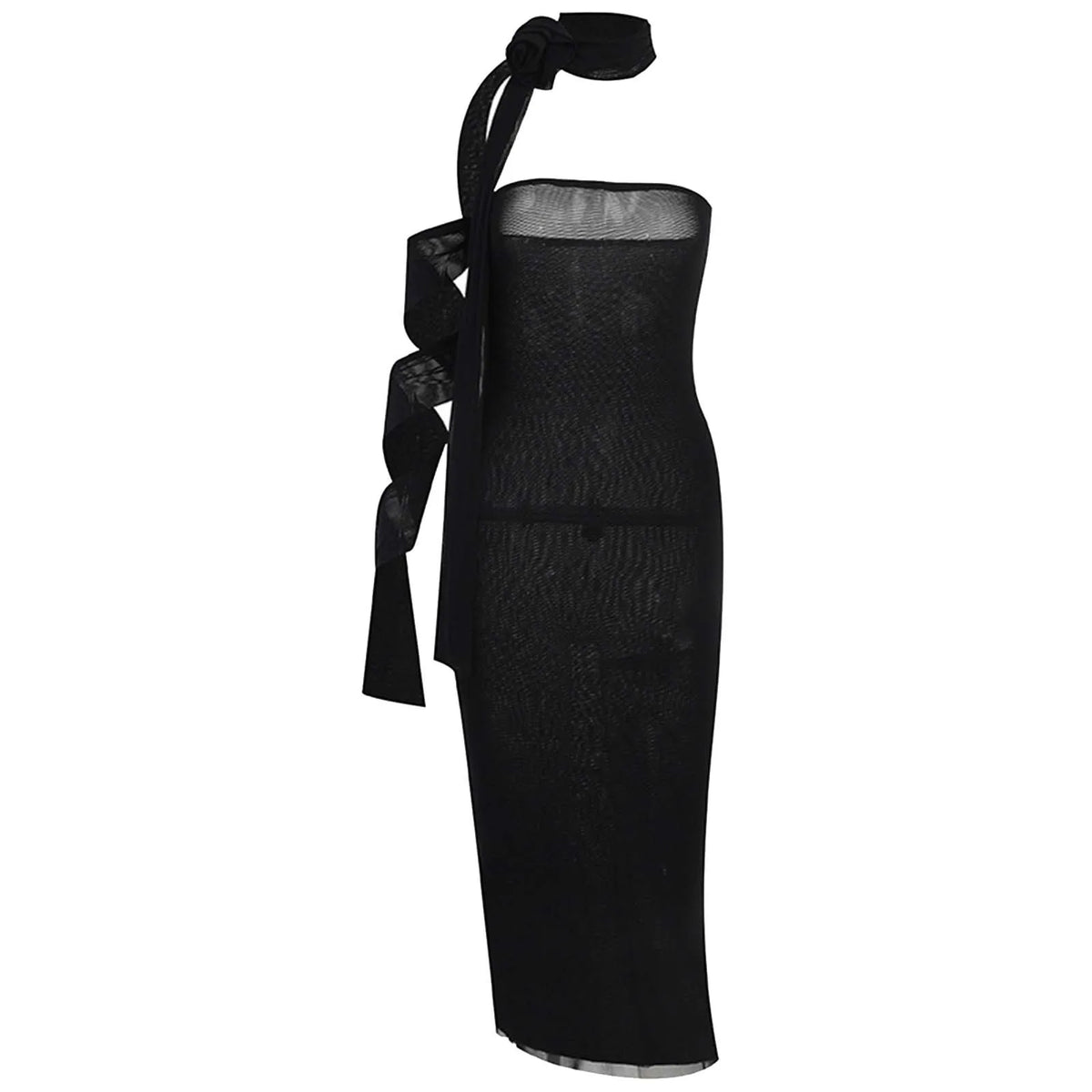 Sheer Mesh Strapless Floral Appliqué Bodycon Midi Dress 5