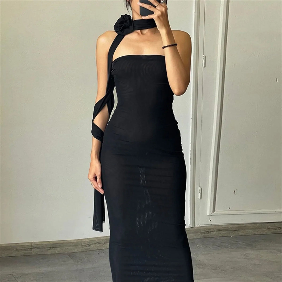 Sheer Mesh Strapless Floral Appliqué Bodycon Midi Dress 2