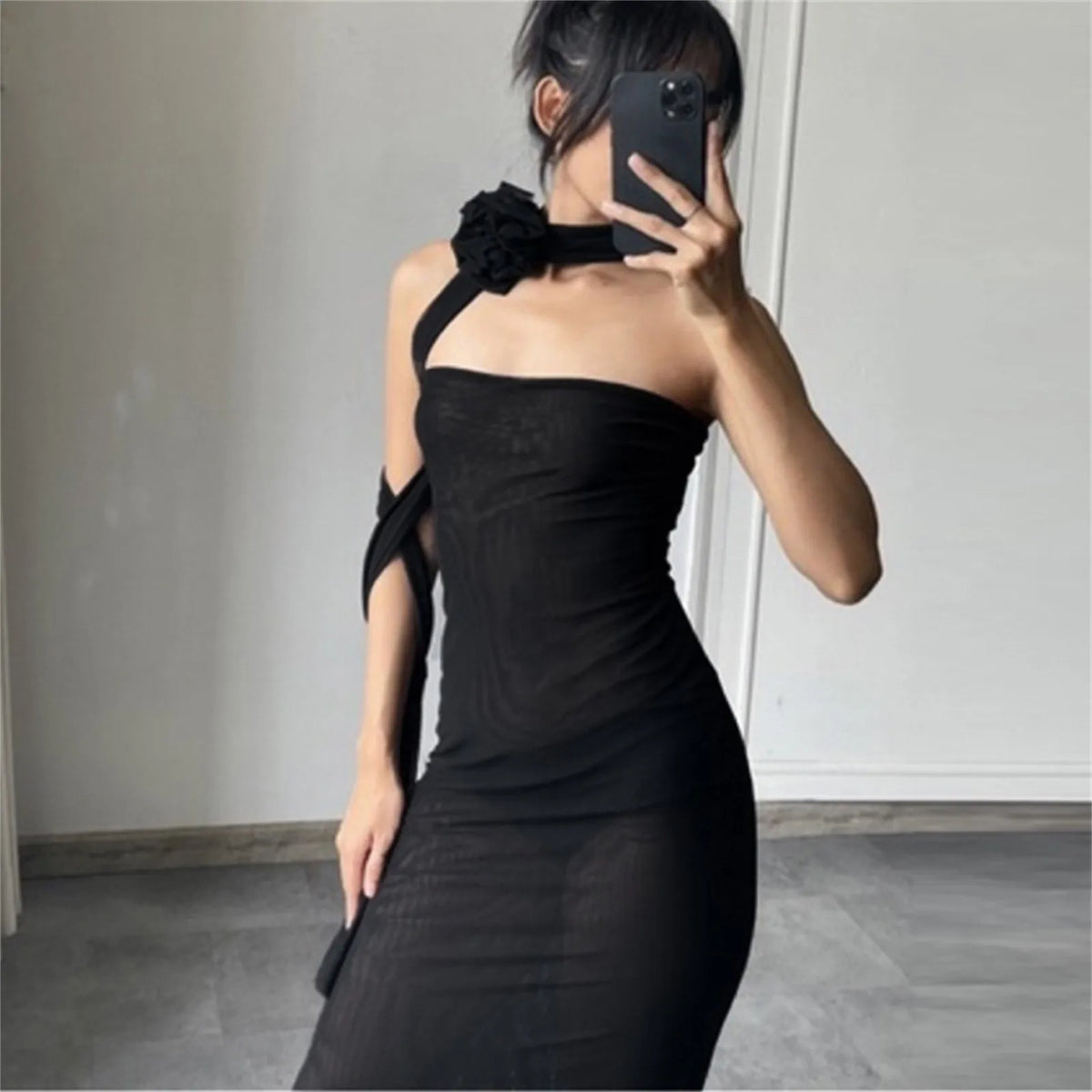 Sheer Mesh Strapless Floral Appliqué Bodycon Midi Dress 4