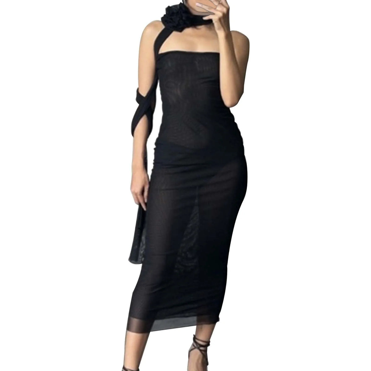 Sheer Mesh Strapless Floral Appliqué Bodycon Midi Dress 7