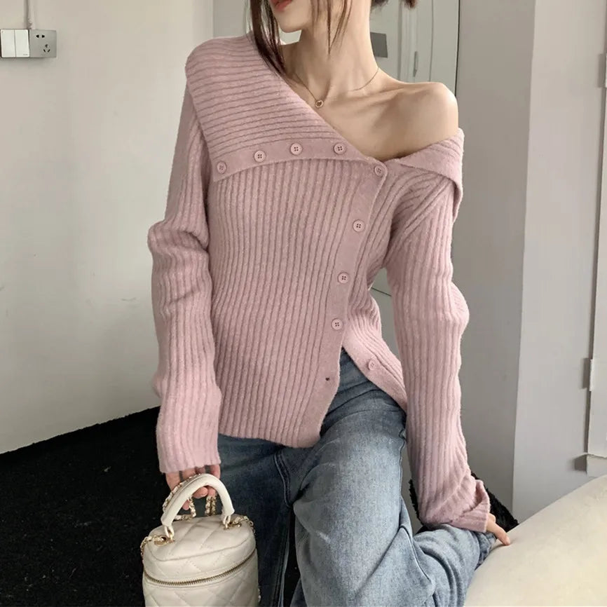 utton Off Shoulder Gray Sweater