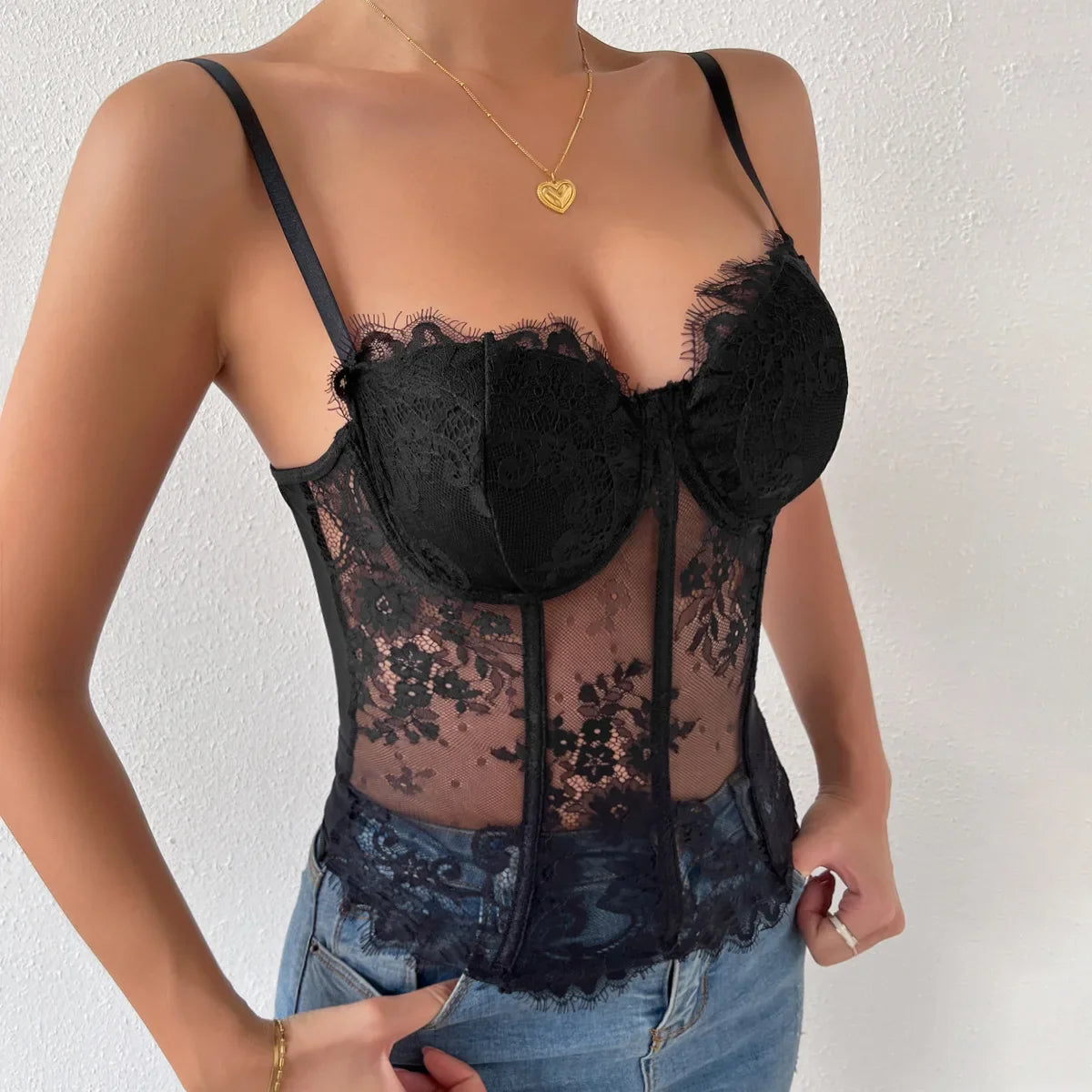 Black Lace Eyelash See-through Fishbone Bustier