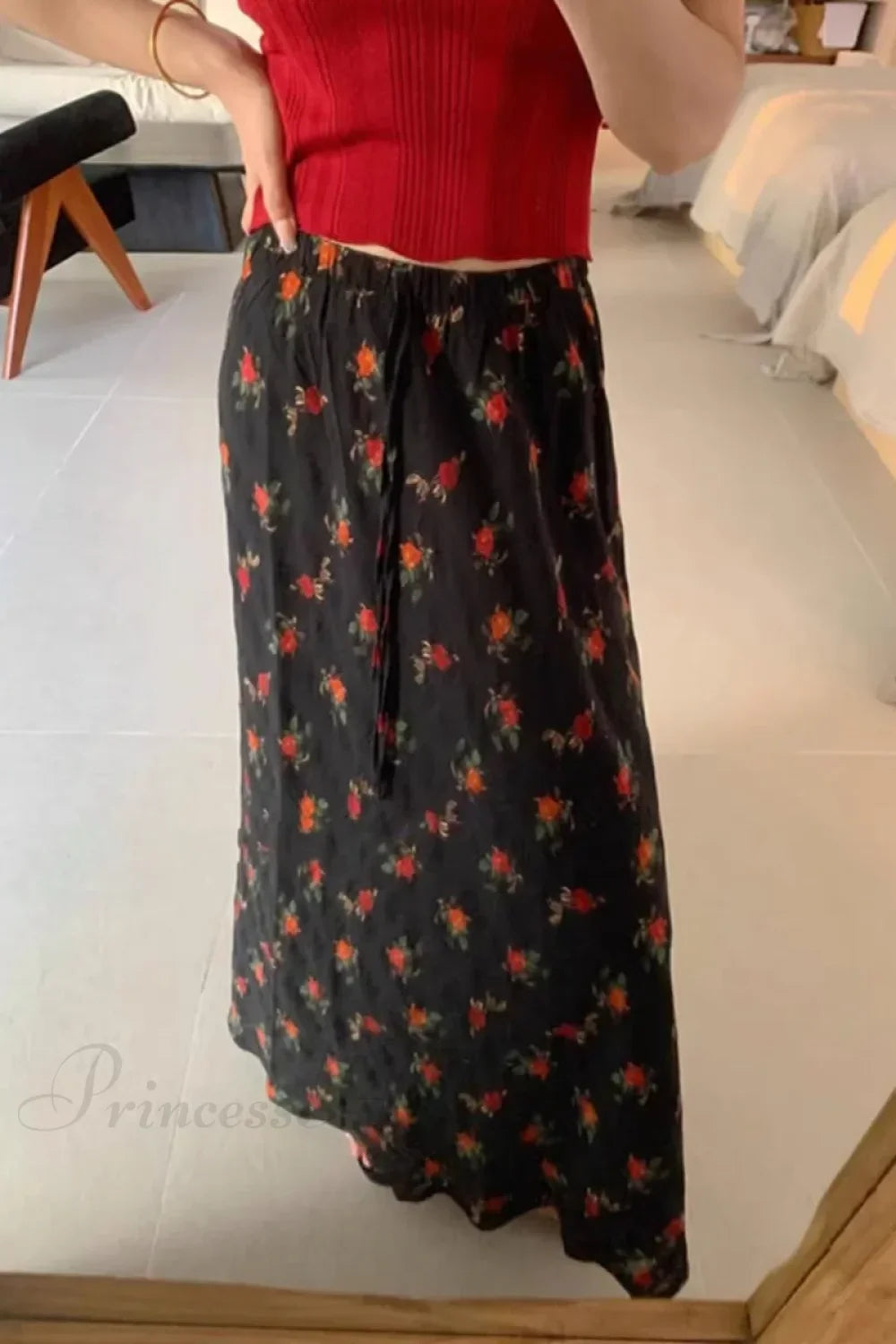 2024 Boho Maxi Skirt High Waist Floral Printed Hippie Rose Chic Black / M
