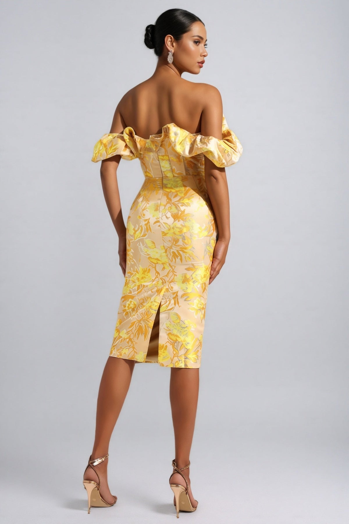 Floral Print Off Shoulder Sweetheart Bodycon Midi Dress - View 5