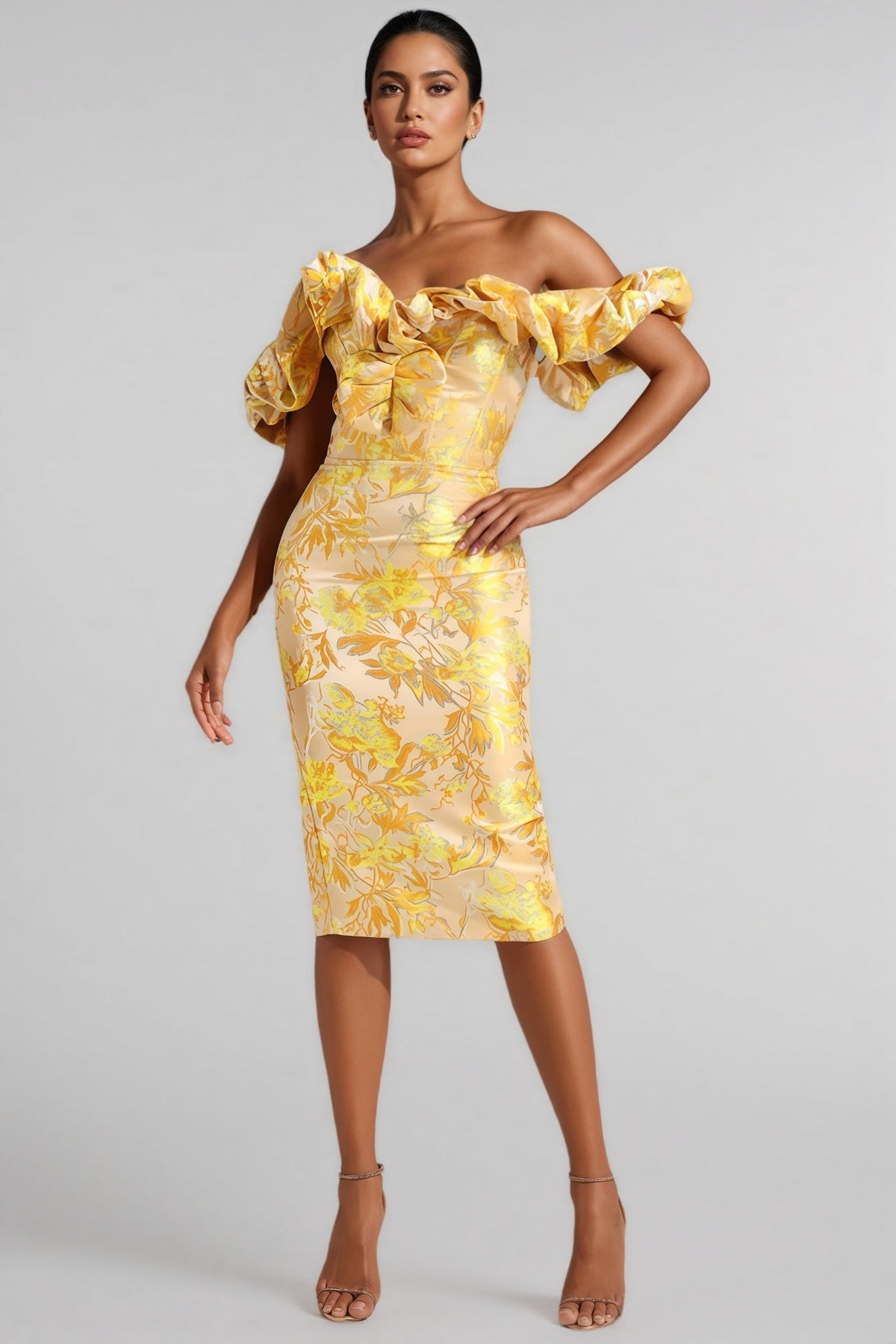 Floral Print Off Shoulder Sweetheart Bodycon Midi Dress
