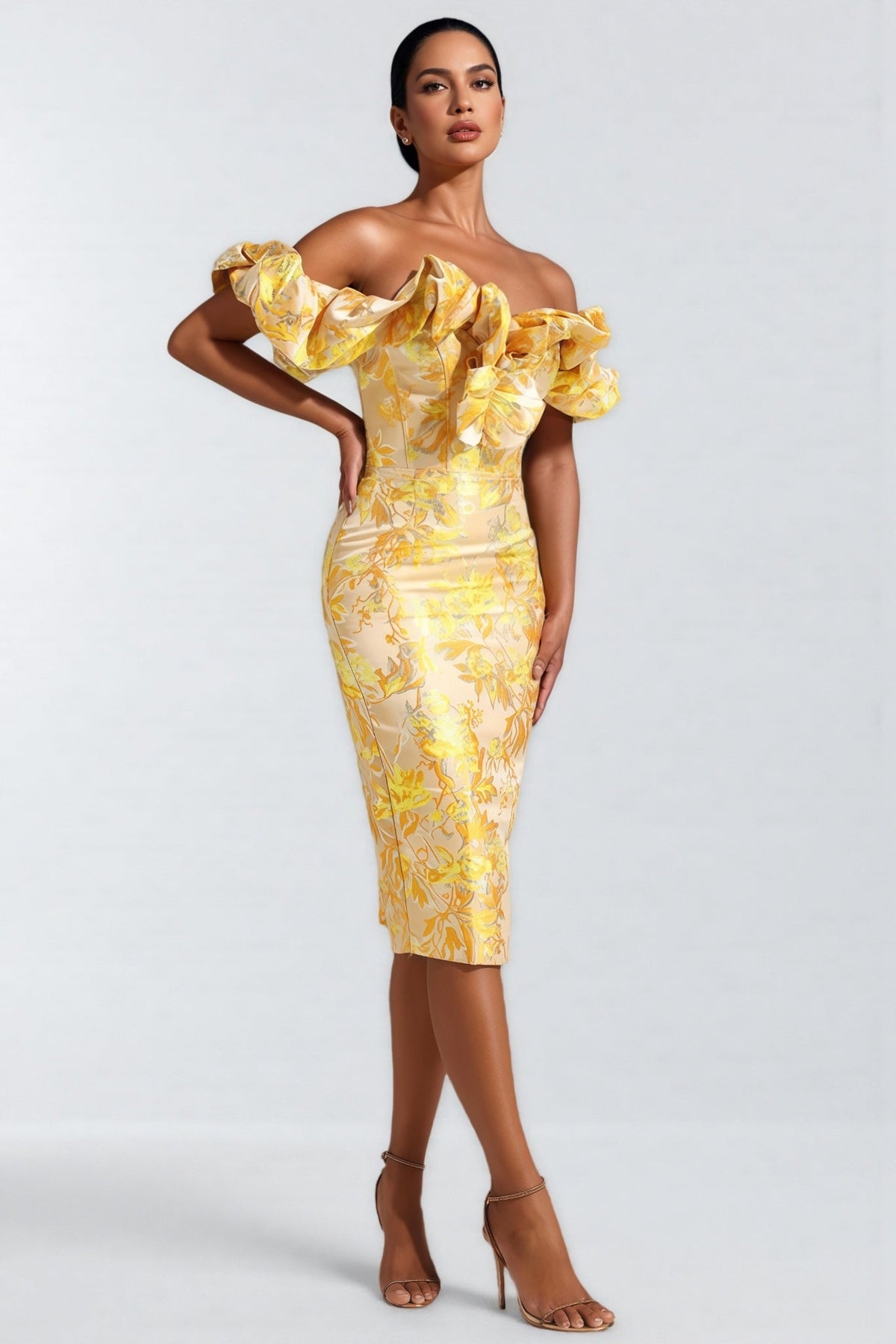 Floral Print Off Shoulder Sweetheart Bodycon Midi Dress - View 2