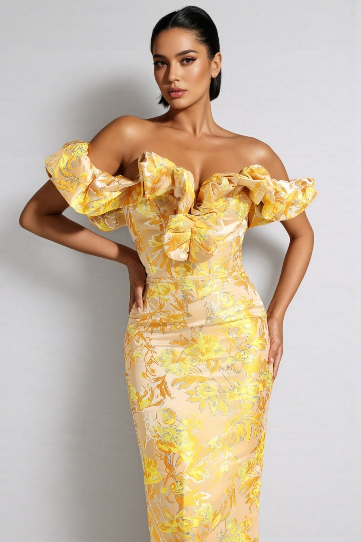 Floral Print Off Shoulder Sweetheart Bodycon Midi Dress - View 3