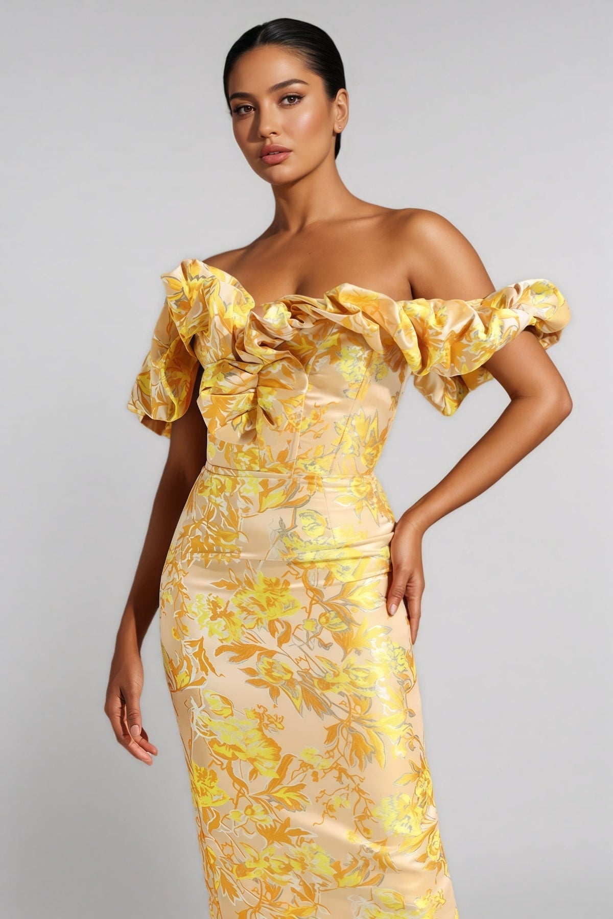 Floral Print Off Shoulder Sweetheart Bodycon Midi Dress - View 4