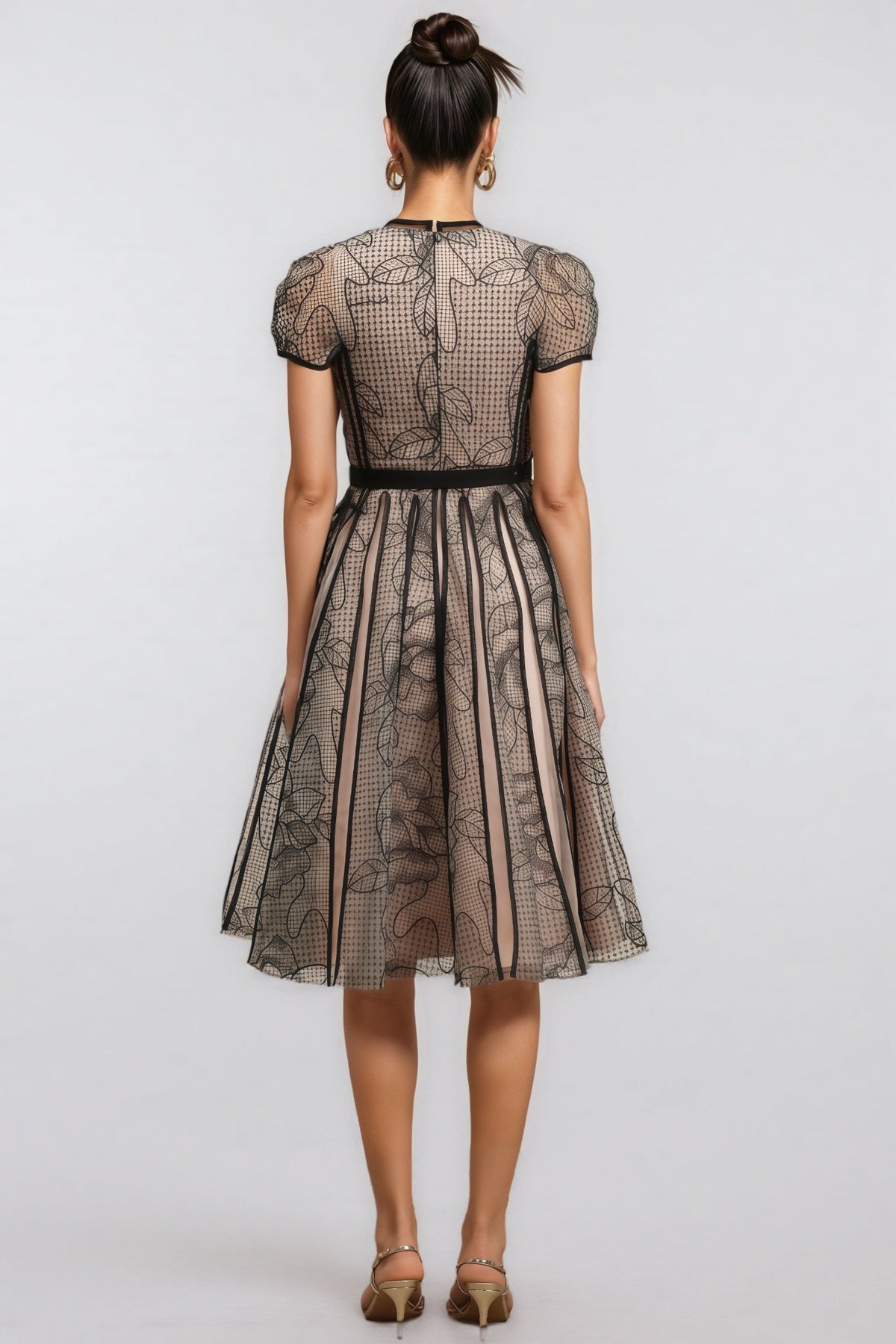 Floral Mesh Cap Sleeve Piped Panel Fit and Flare Midi Dress - View 5
