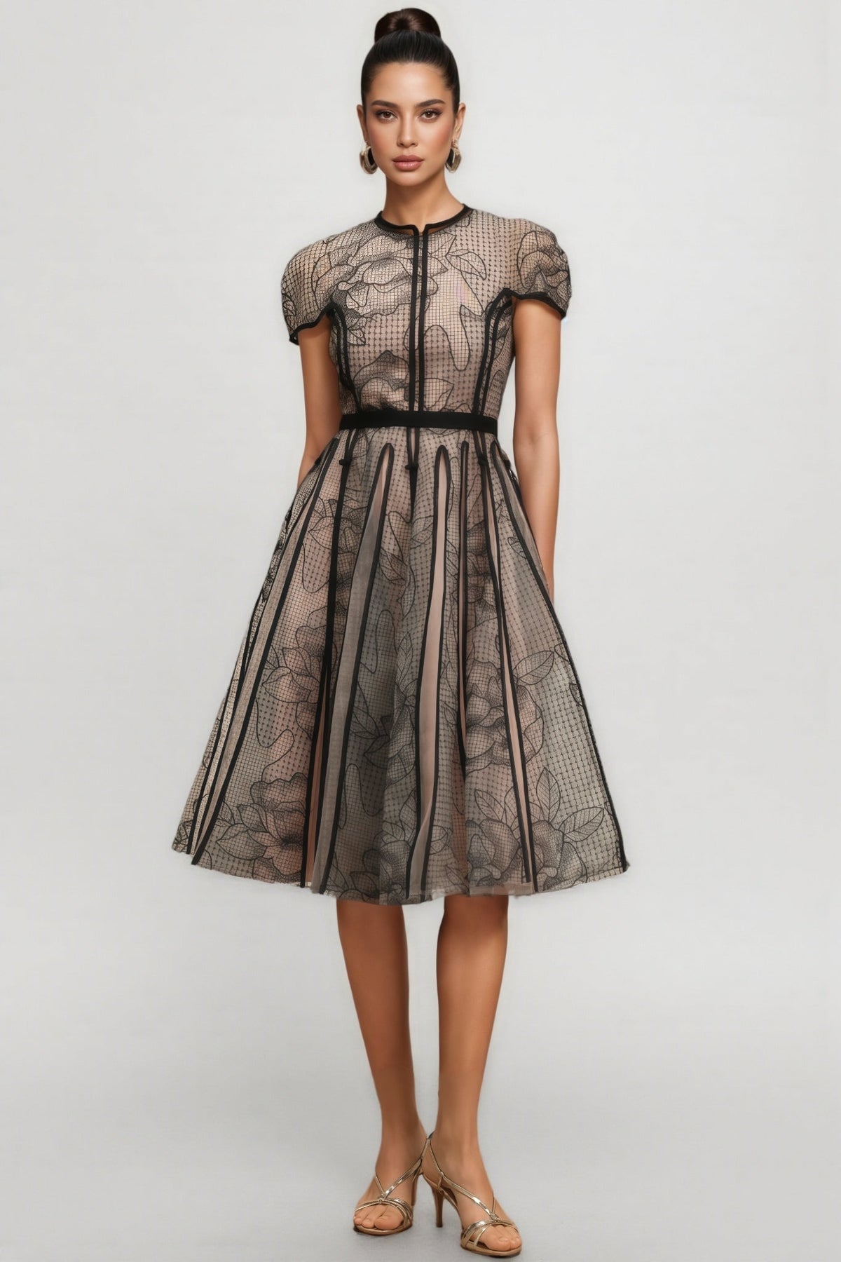 Floral Mesh Cap Sleeve Piped Panel Fit and Flare Midi Dress
