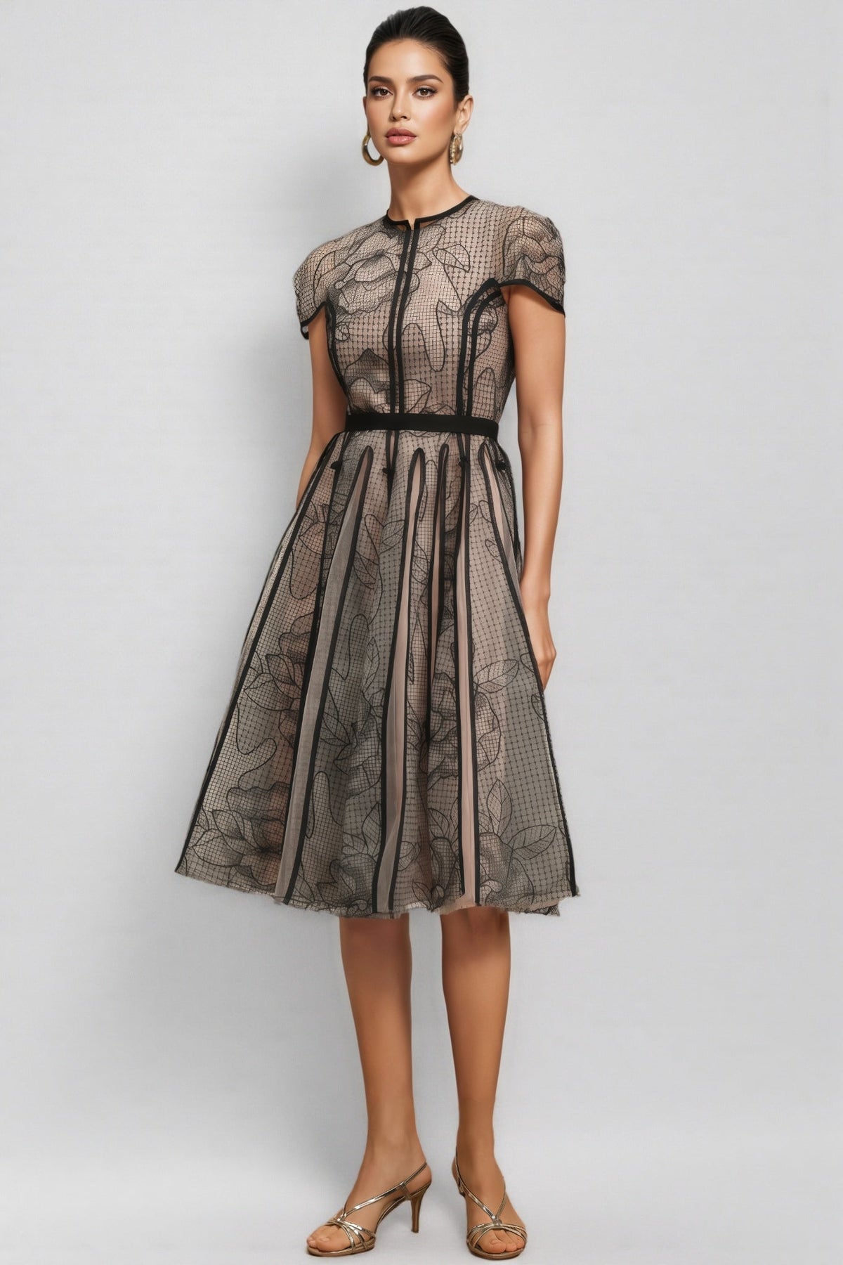 Floral Mesh Cap Sleeve Piped Panel Fit and Flare Midi Dress - View 2