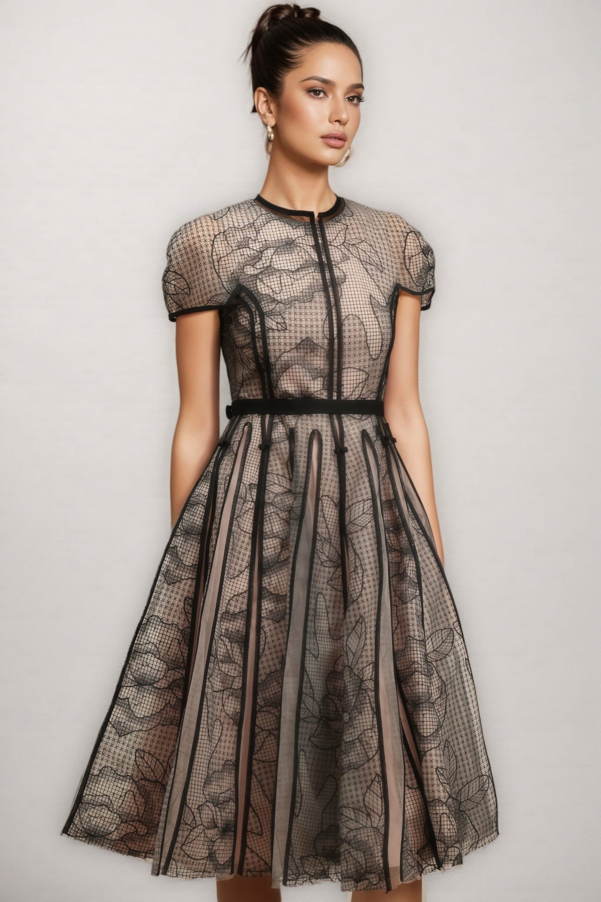 Floral Mesh Cap Sleeve Piped Panel Fit and Flare Midi Dress - View 3