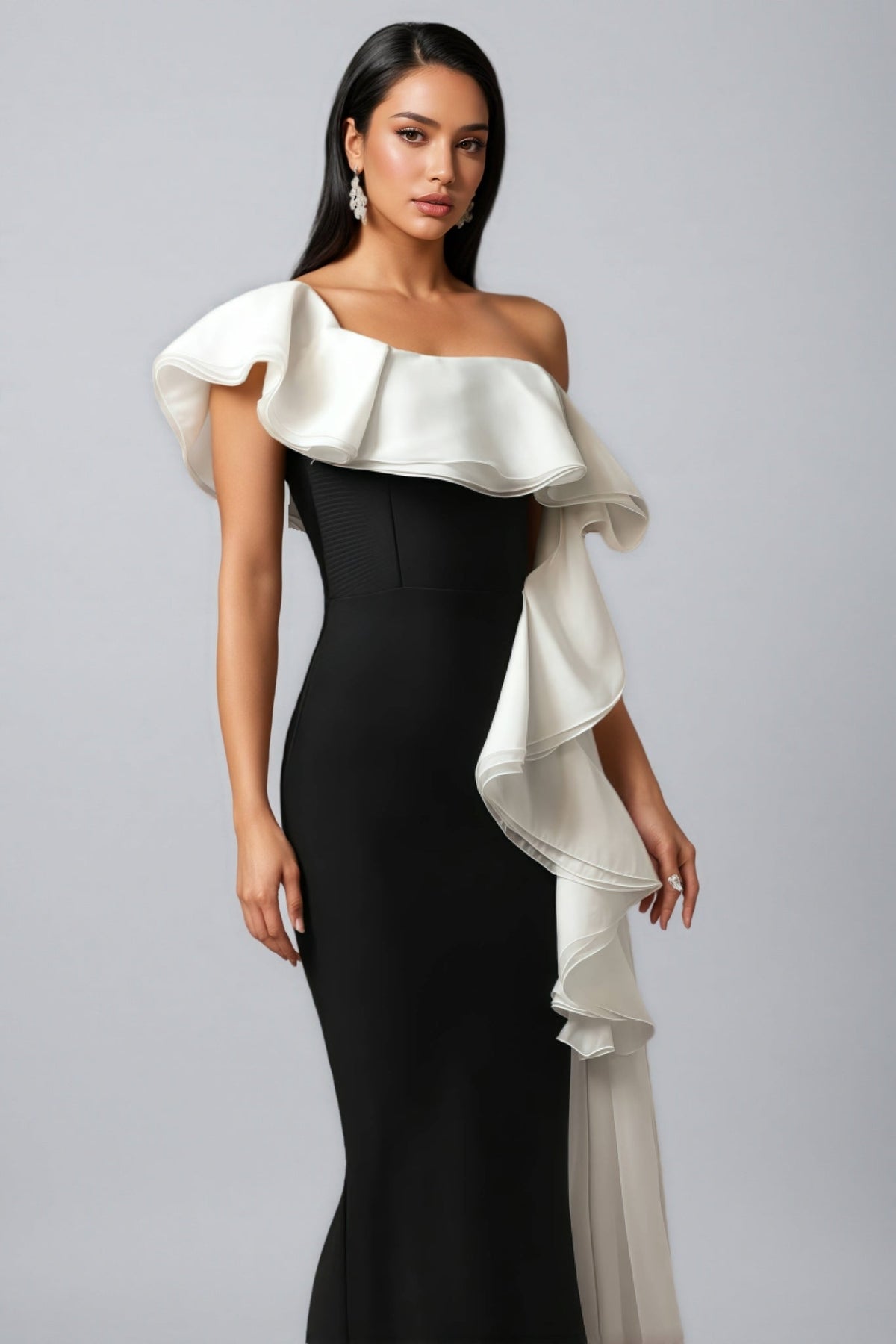 One Shoulder Oversized Ruffle Mermaid Bandage Sheer Train Maxi Gown - View 4