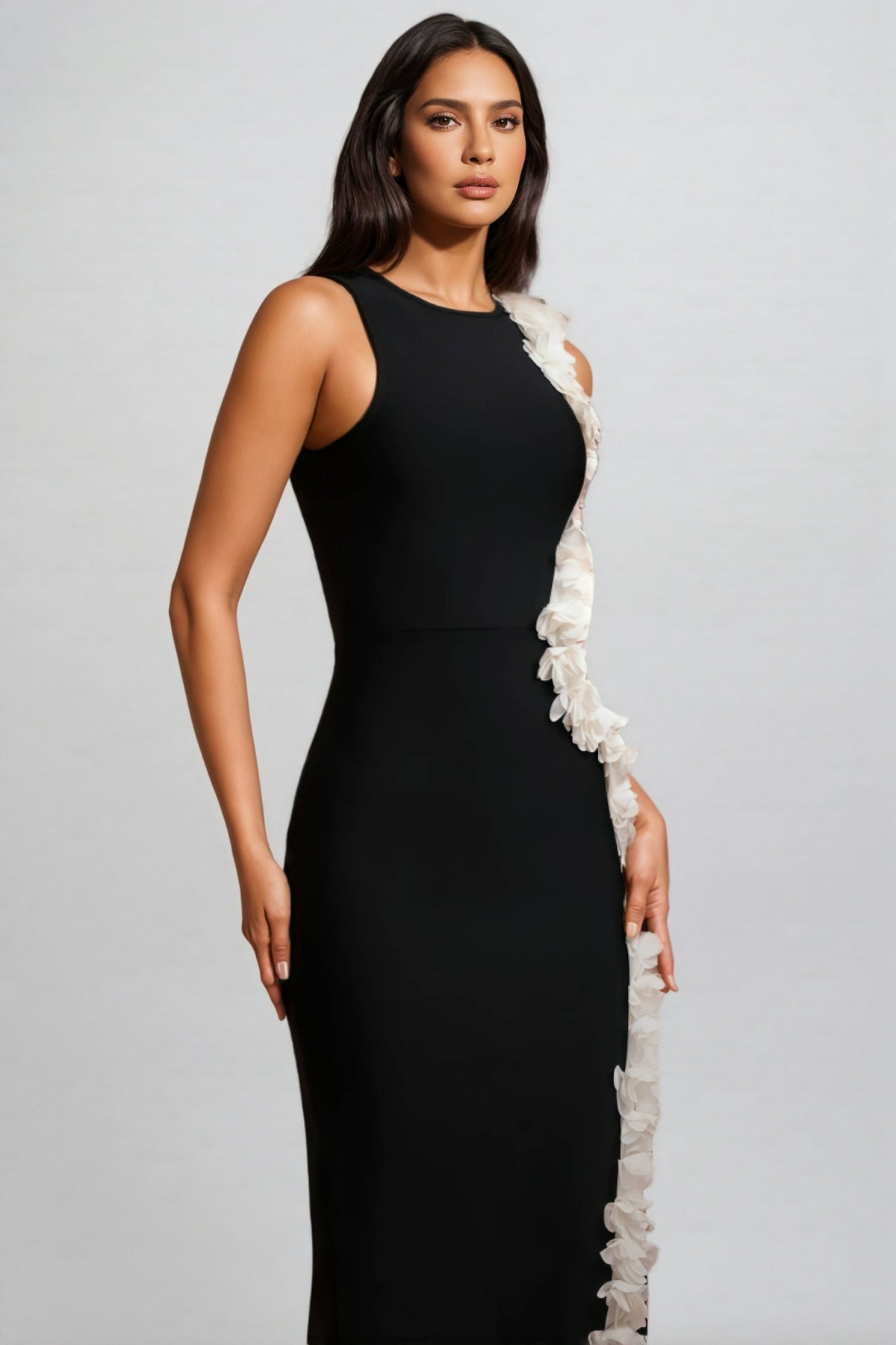 Sleeveless High Neck Curved Cut Out Floral Trim High Split Maxi Gown - View 2