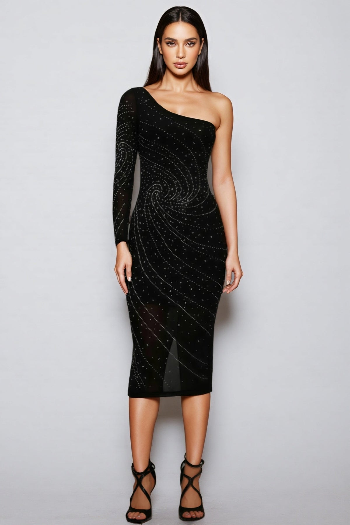 One Shoulder Long Sleeve Rhinestone Spiral Mesh Sheer Hem Midi Dress