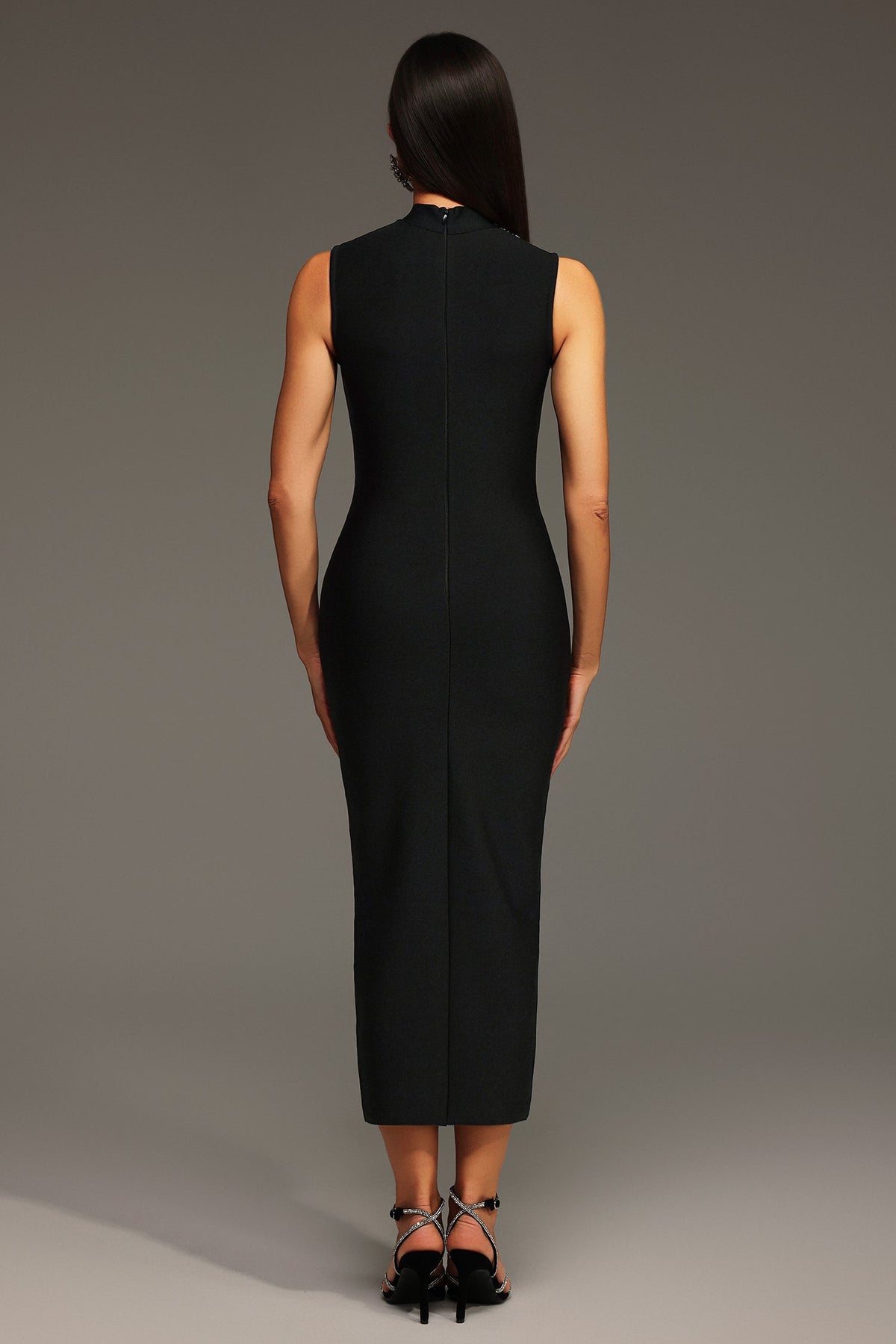 Rhinestone Starburst Mock Neck Front Slit Bandage Bodycon Midi Dress - View 6